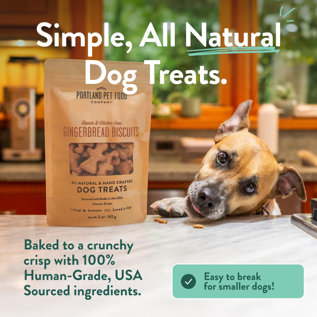 Crafted by Humans Loved by Dogs gingerbread treats close-up emphasizes human-grade quality and flavor.