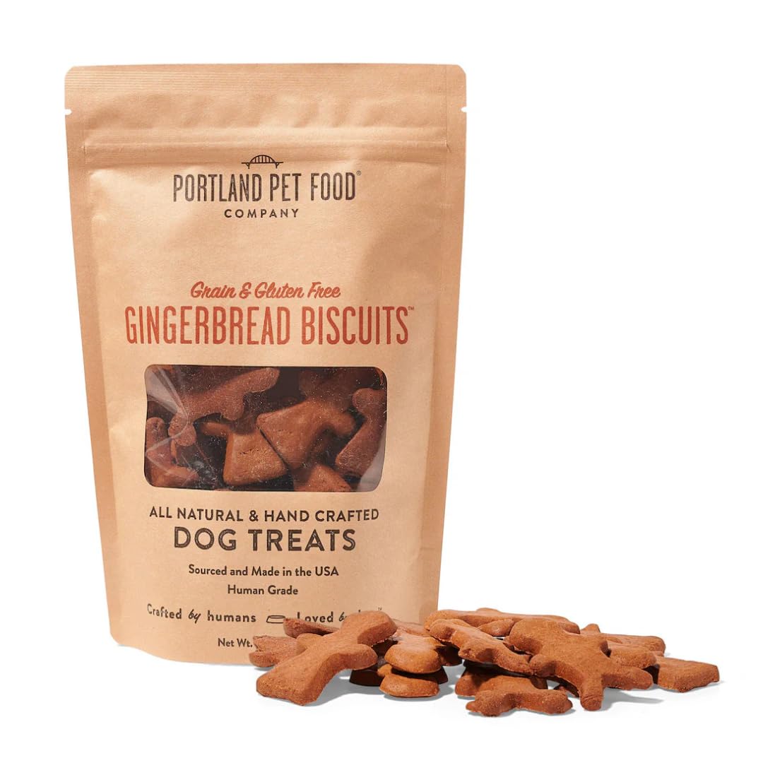 Crafted by Humans Loved by Dogs gingerbread packaging highlights USA-made grain-free biscuits for picky eaters.