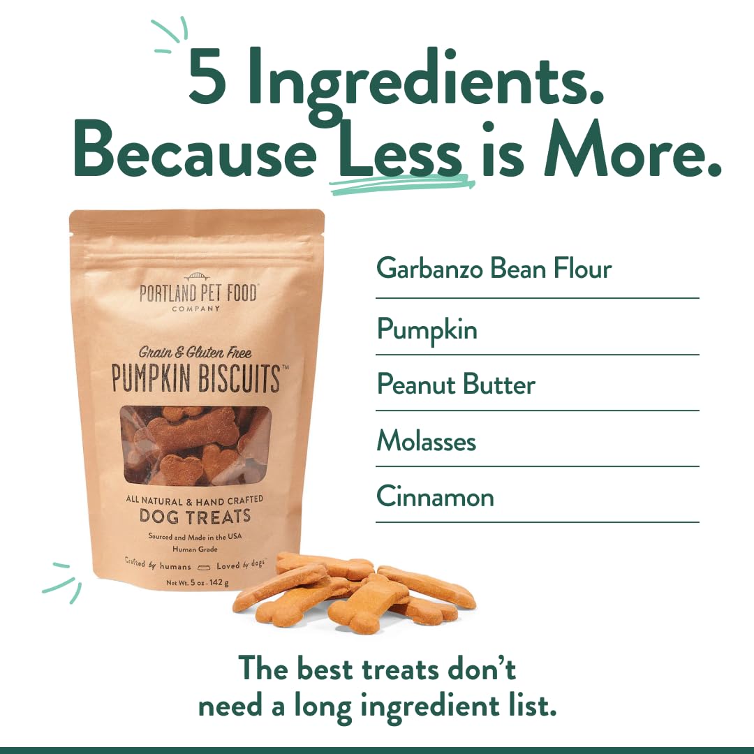 Portland Pumpkin Dog Treats ingredients close-up highlights pumpkin and garbanzo flour for simple nutrition