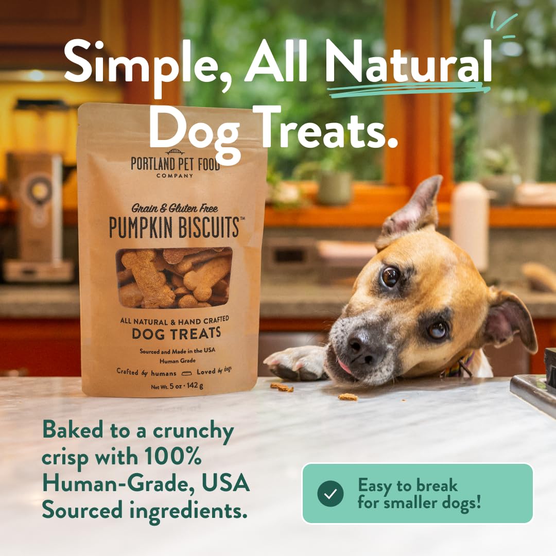 Crafted by Humans Loved by Dogs pumpkin dog treats close-up reveals wholesome pumpkin and peanut butter ingredients