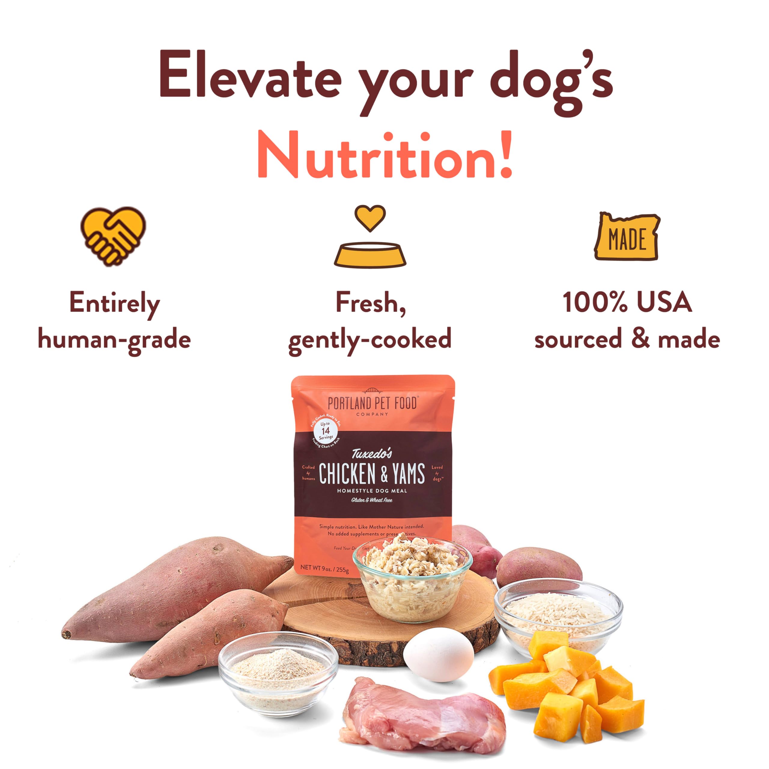 Crafted by Humans Tuxedo s Chicken and Yams pouch back with transparent ingredients list