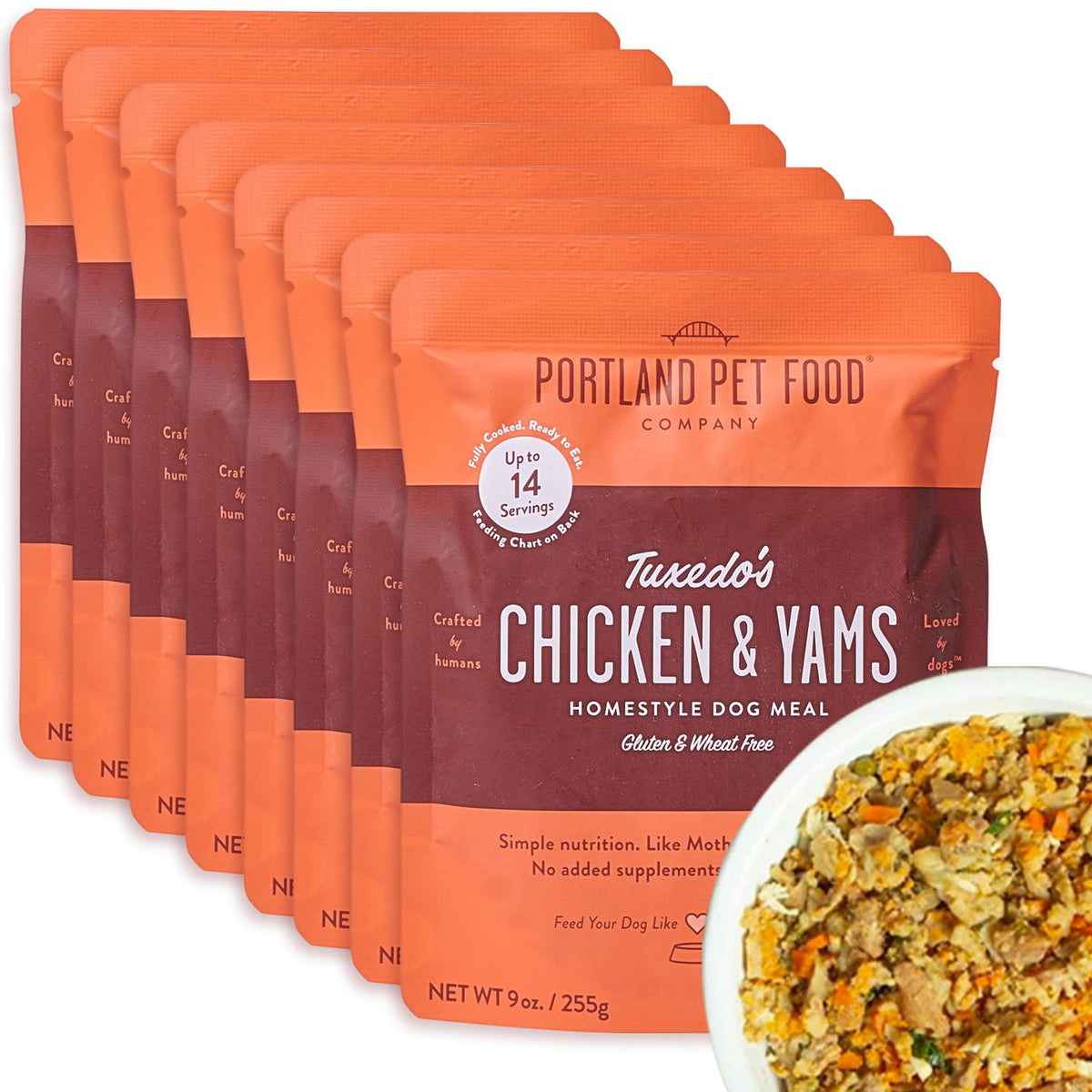 Crafted by Humans Tuxedo s Chicken and Yams pouch front showing human grade ingredients for daily meals