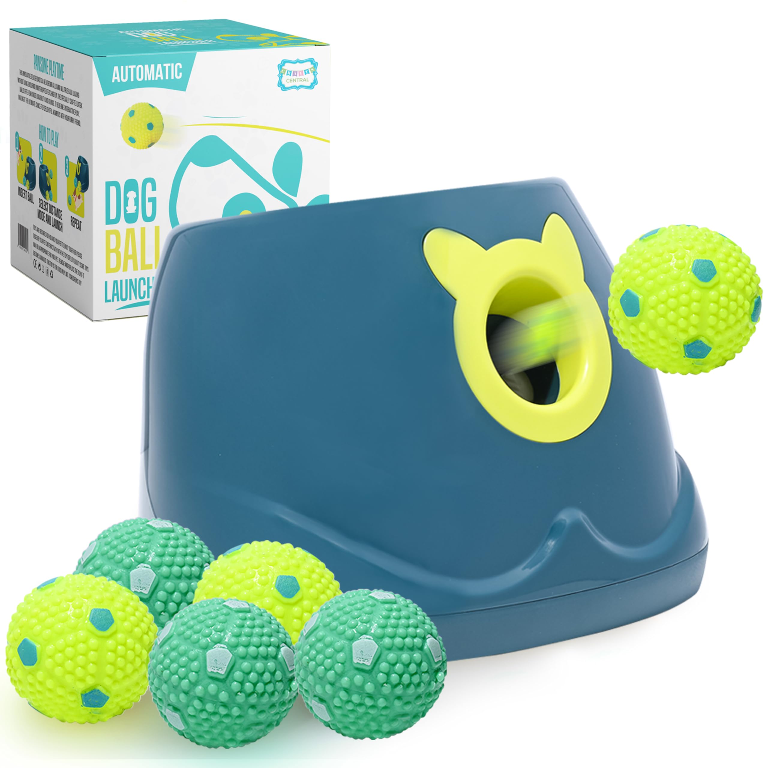 Crafts Central automatic dog ball launcher in action for interactive fetch