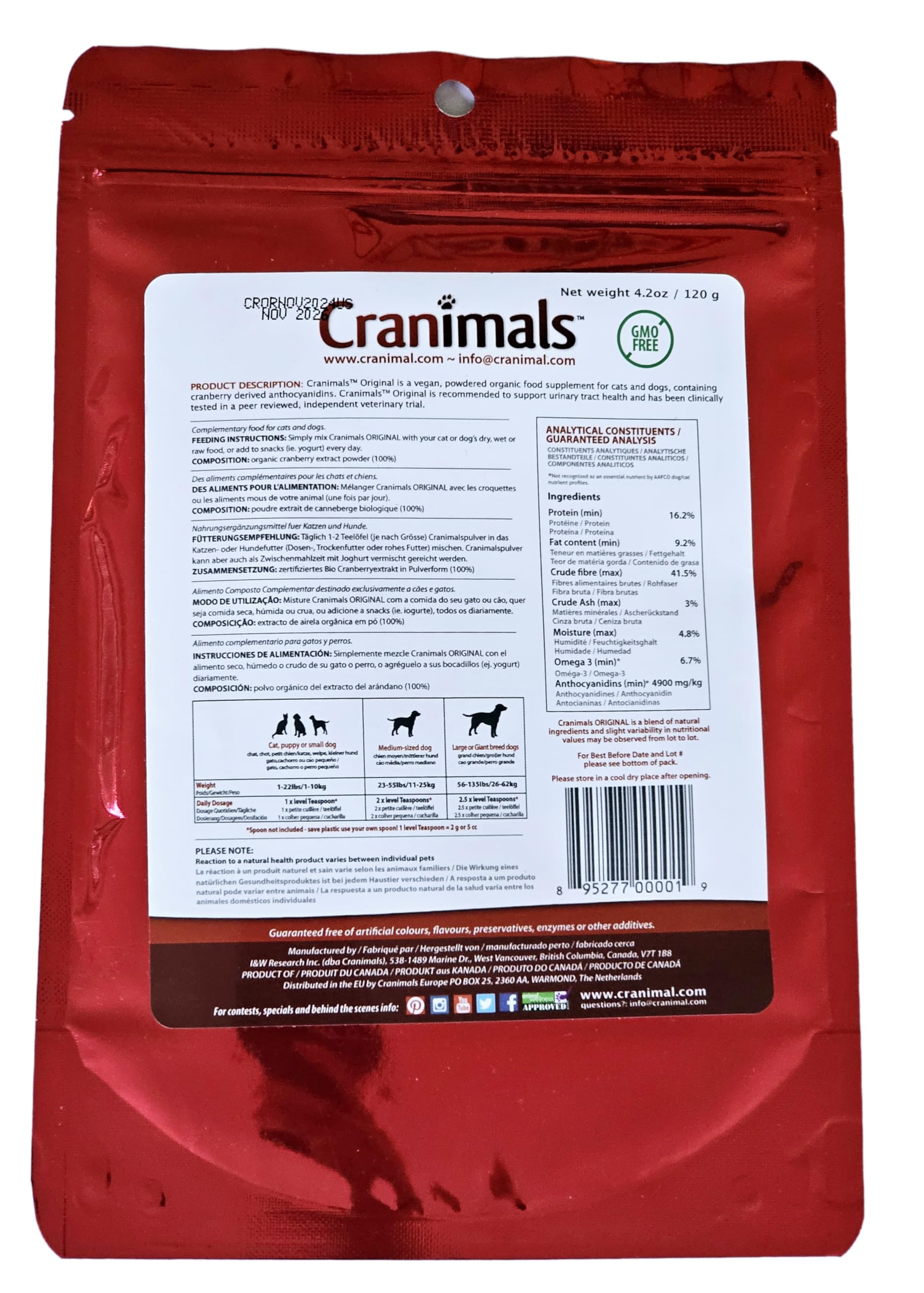 Cranimals cranberry supplement bottle label highlights organic single-ingredient formula
