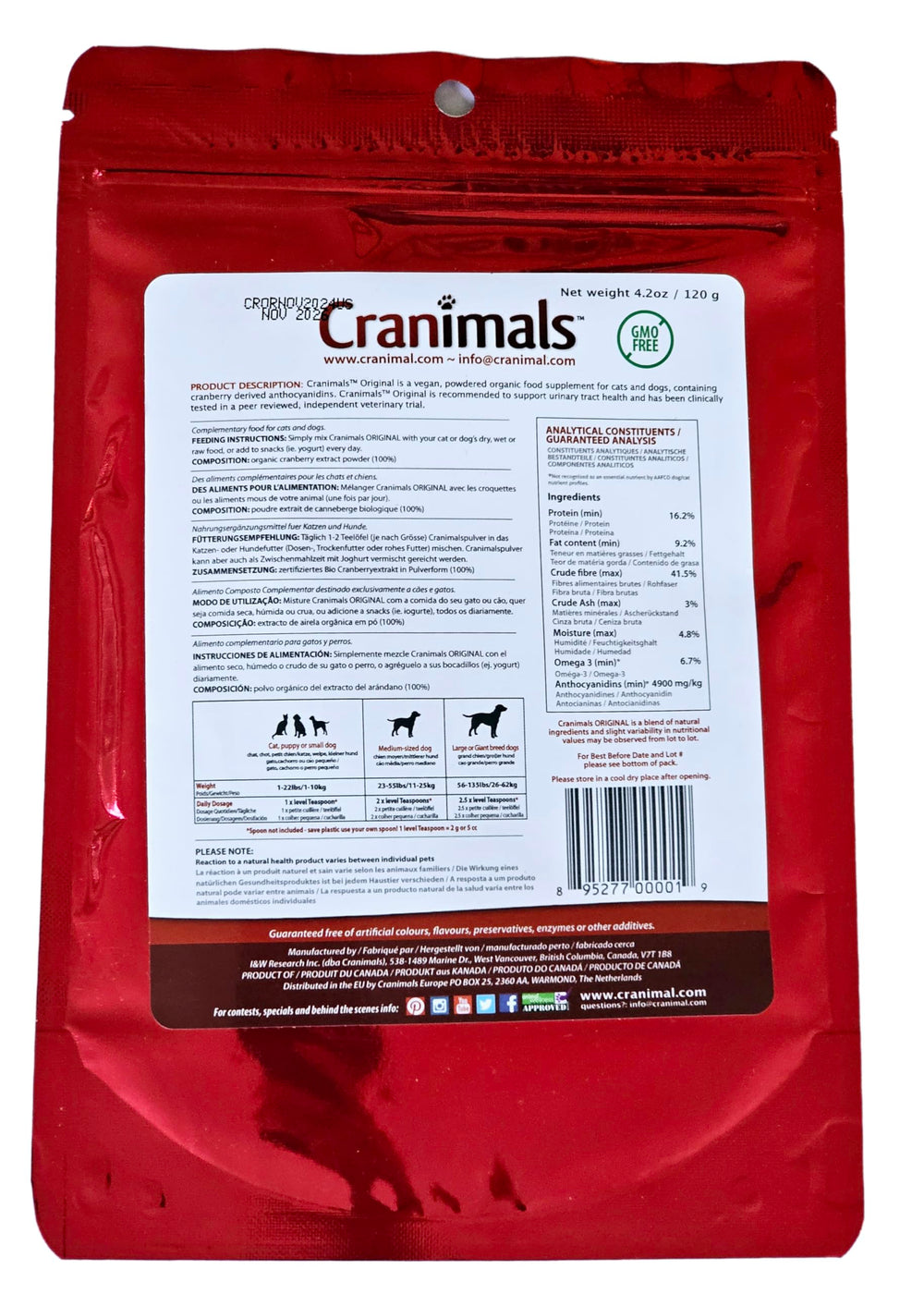 Cranimals cranberry supplement bottle label highlights organic single-ingredient formula