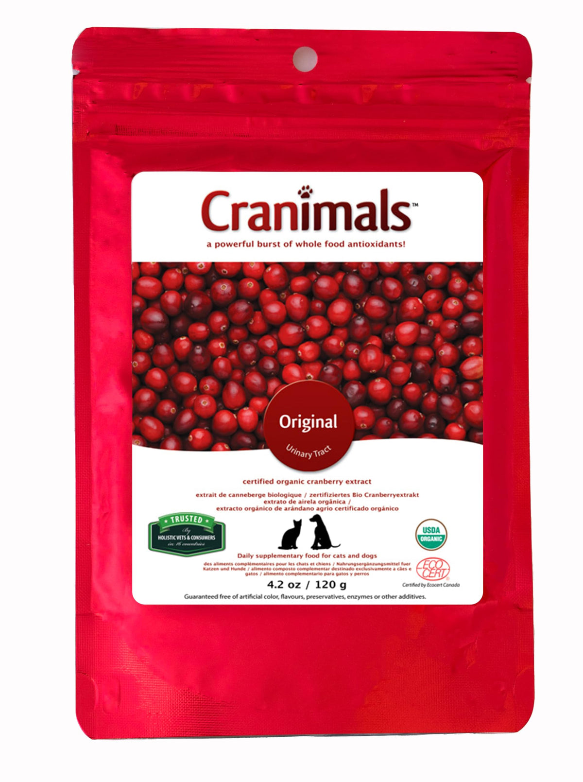 Cranimals cranberry supplement package front view supporting urinary health in pets