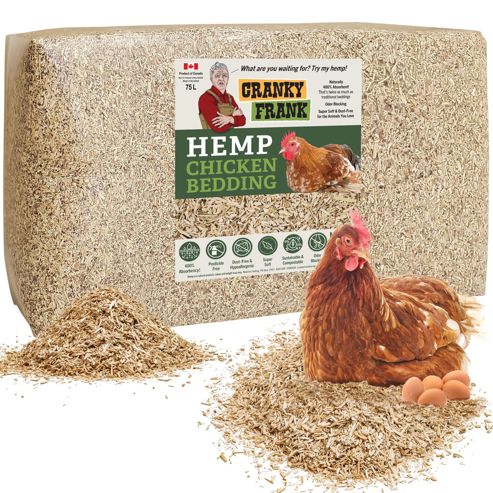 Cranky Frank Hemp chicken bedding packaging highlights eco-friendly design for sustainable coop litter.