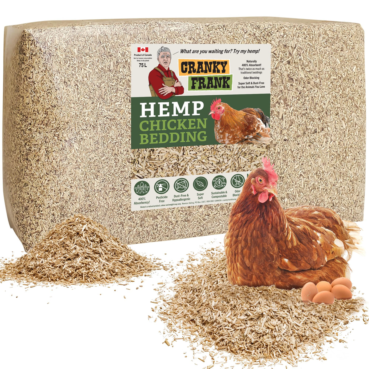 Cranky Frank Hemp chicken bedding packaging highlights eco-friendly design for sustainable coop litter.