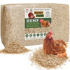 Cranky Frank Hemp chicken bedding packaging highlights eco-friendly design for sustainable coop litter.