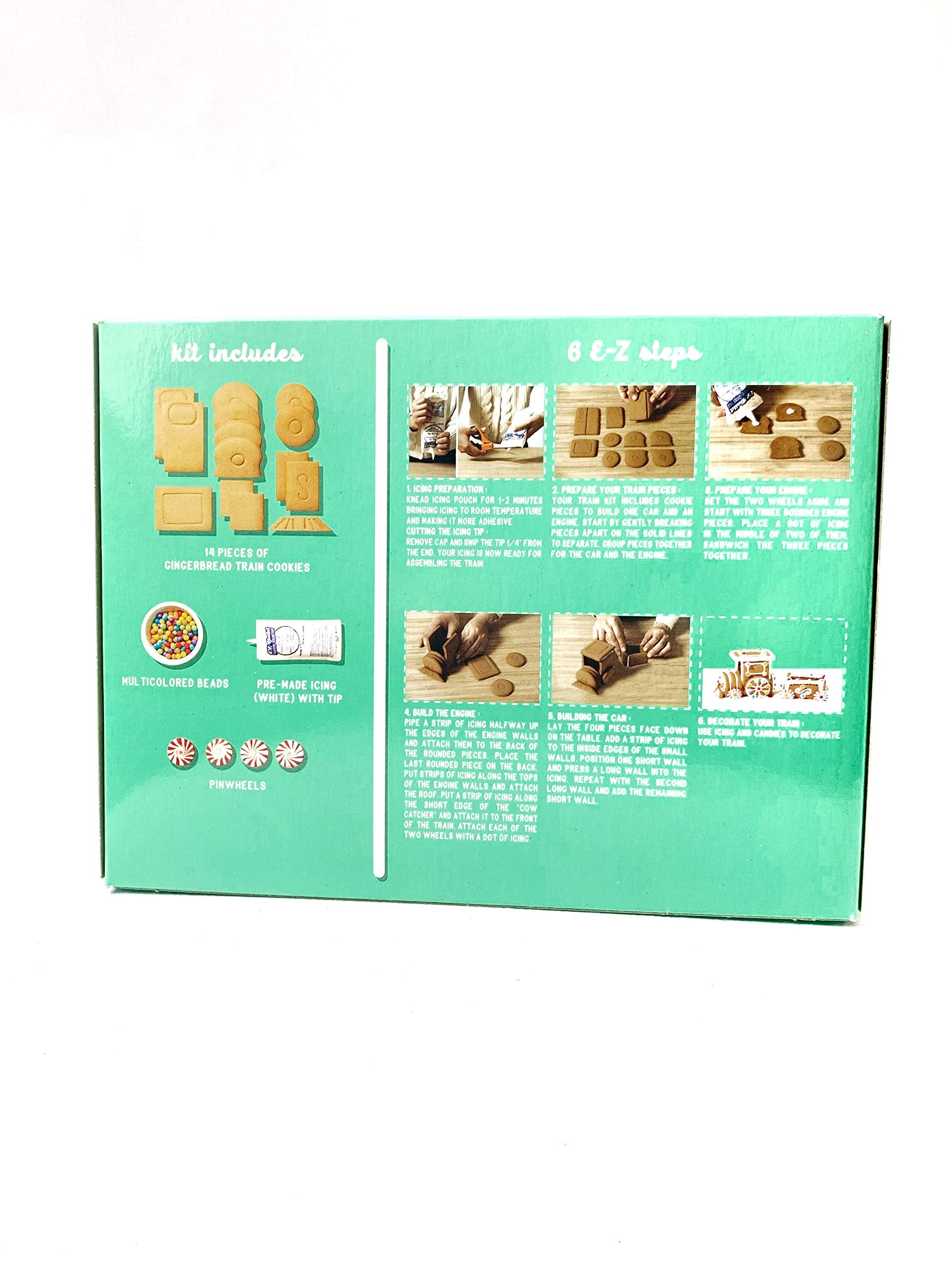 Create-A-Treat gingerbread train kit assembly shows kids decorating options for creative holiday activity