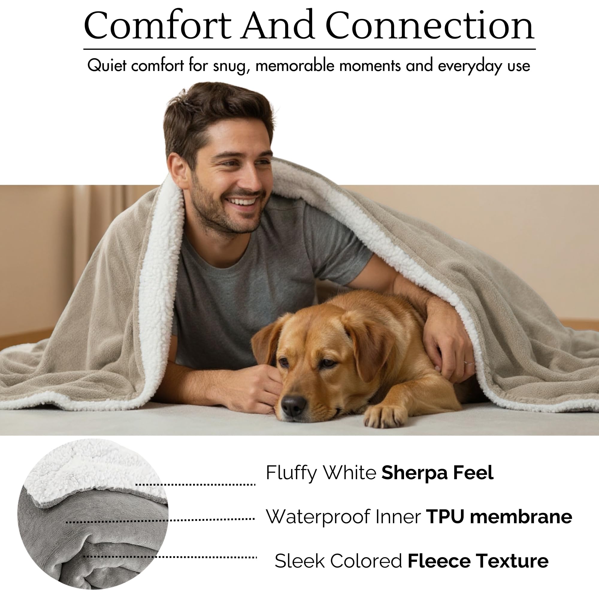 CREW FLX beige blanket on sofa—stain-resistant comfort for family movie nights