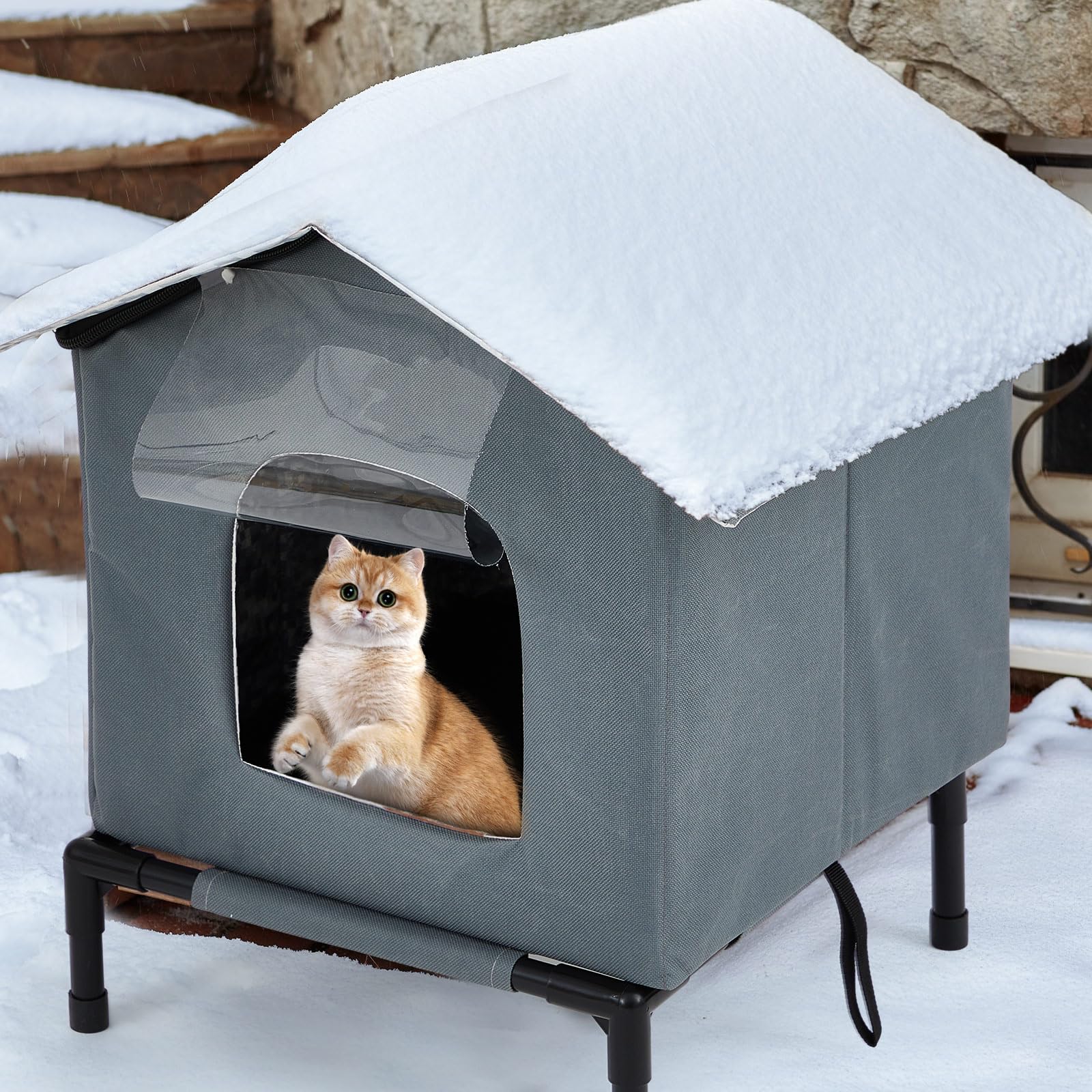 CroBlissful Cat House weatherproof porch gray suits windproof sheltering outdoor cats.