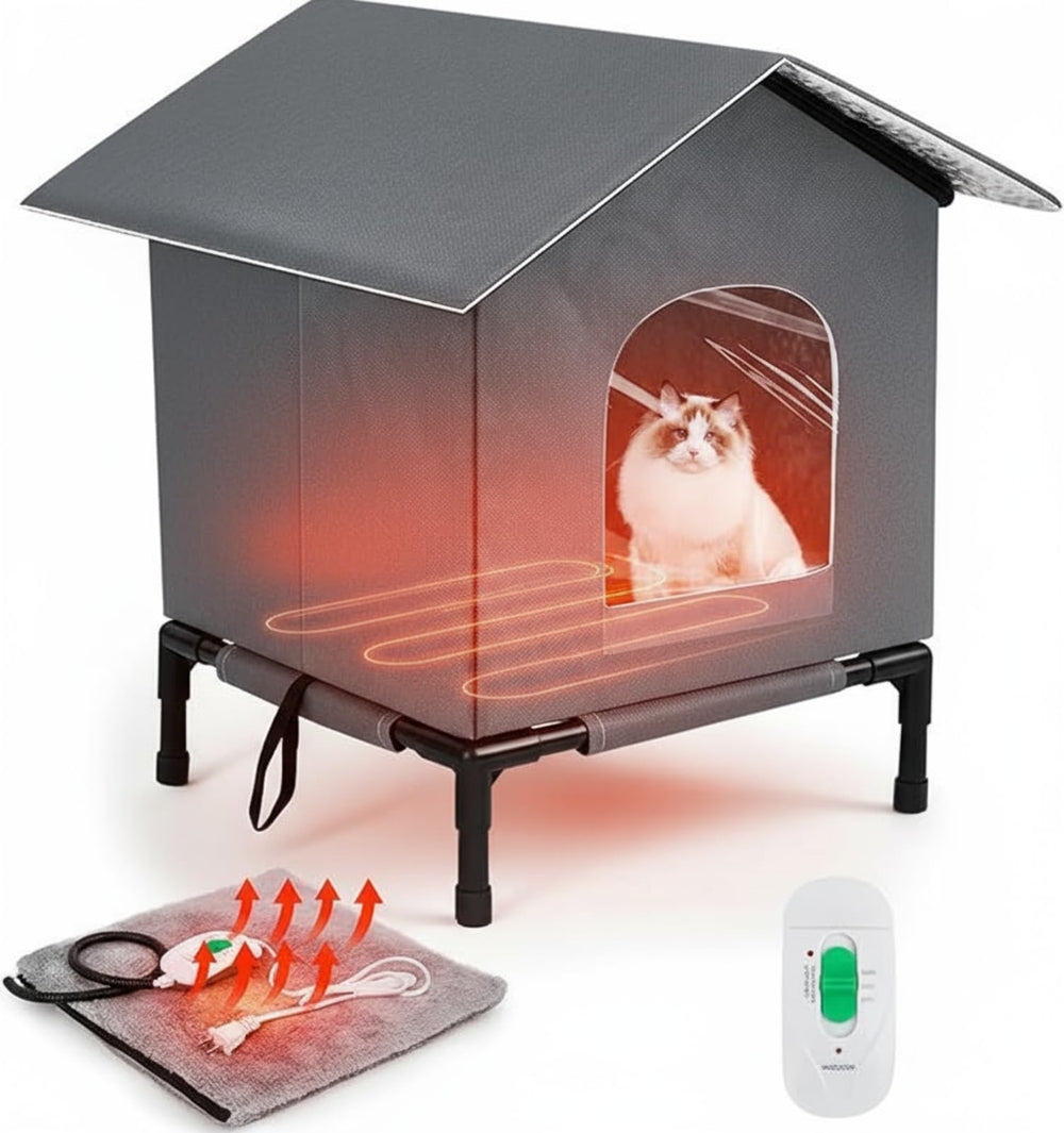 CroBlissful Elevated Heated Cat House front view shows weatherproof design for outdoor warmth.
