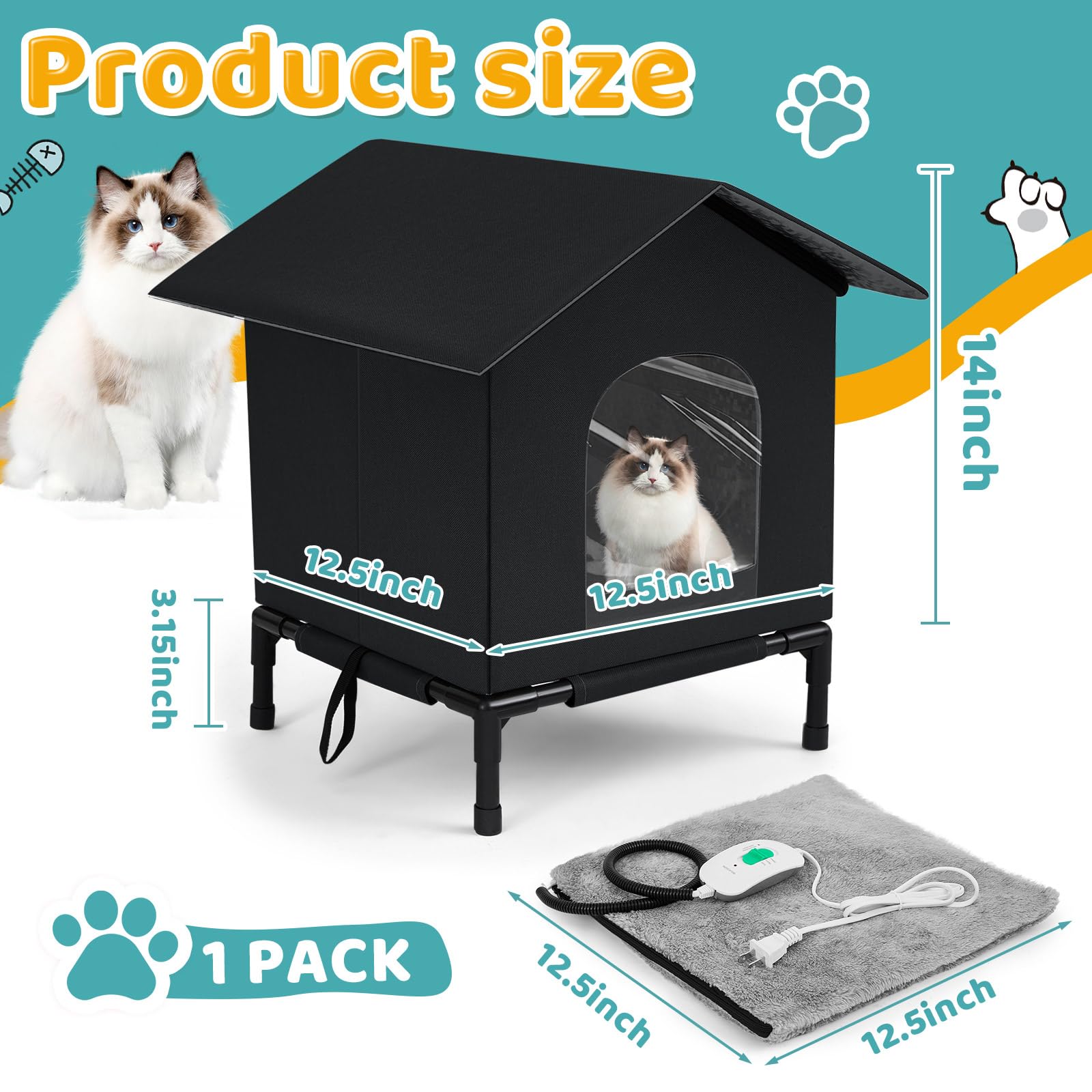 CroBlissful elevated heated cat house exterior side view demonstrates windproof protection and portability.