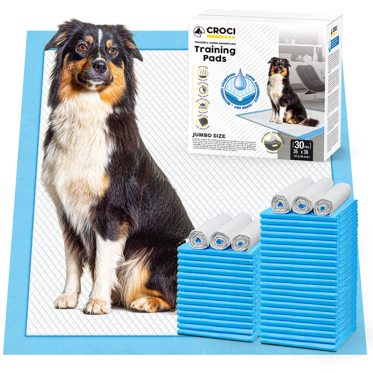Croci Wee Wee Pads 36x36in on floor showing large, absorbent surface for training.