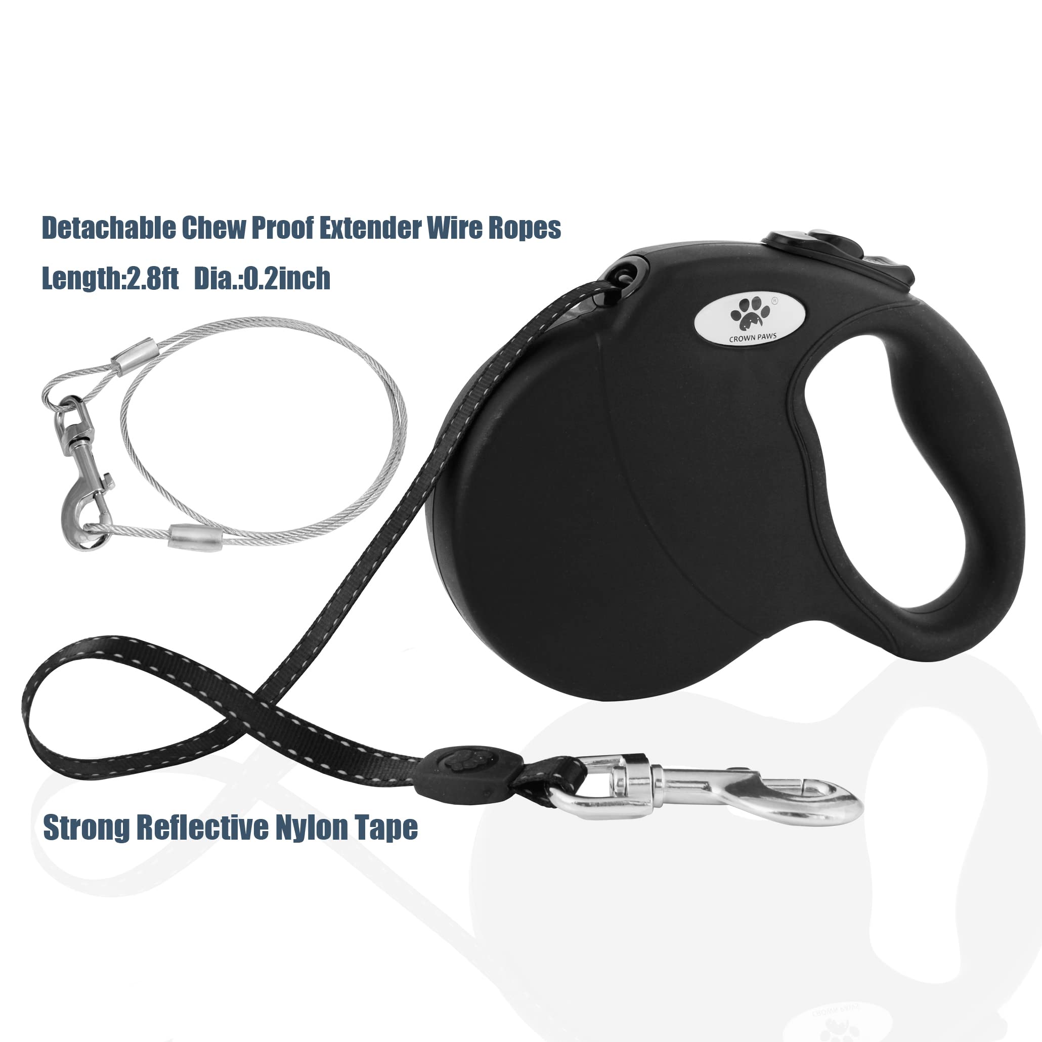 CROWN PAWS tape-guidance system keeps leash smooth and tangle-free during walks.