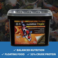 CrystalClear Staple feeding koi and goldfish in a pond.