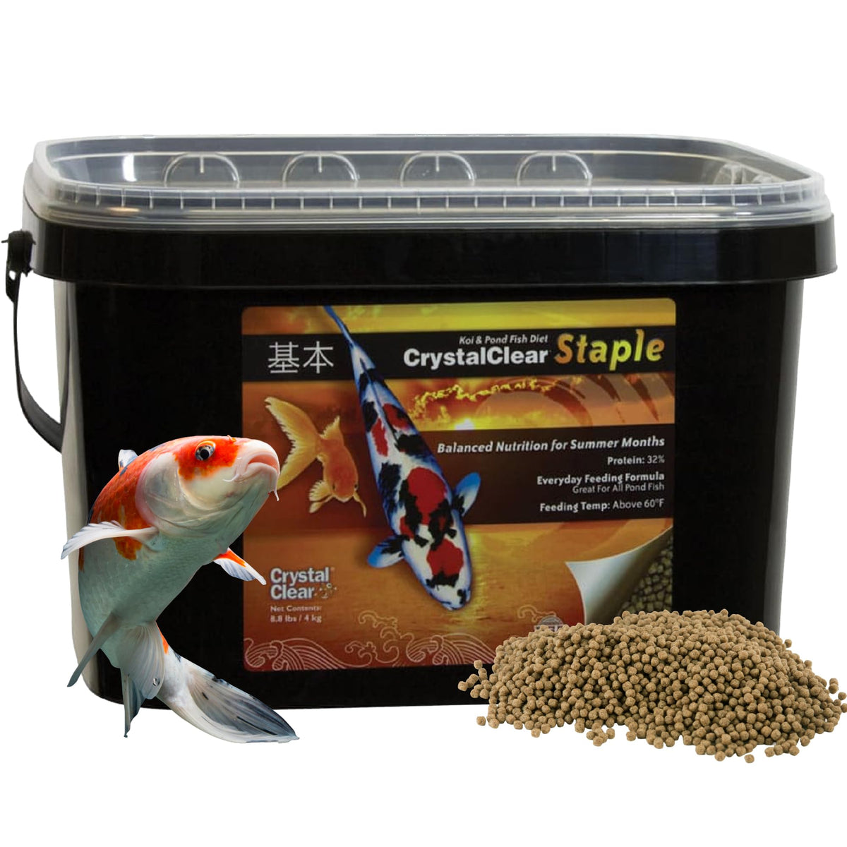 CrystalClear Staple pellets floating in water for easy pond feeding.