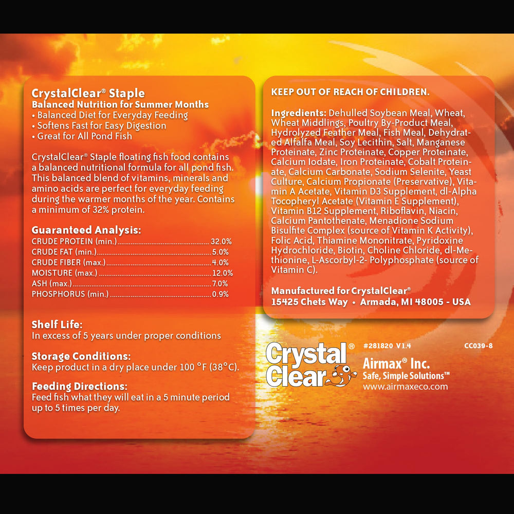 CrystalClear Staple close-up showing 32 percent protein for koi and goldfish.