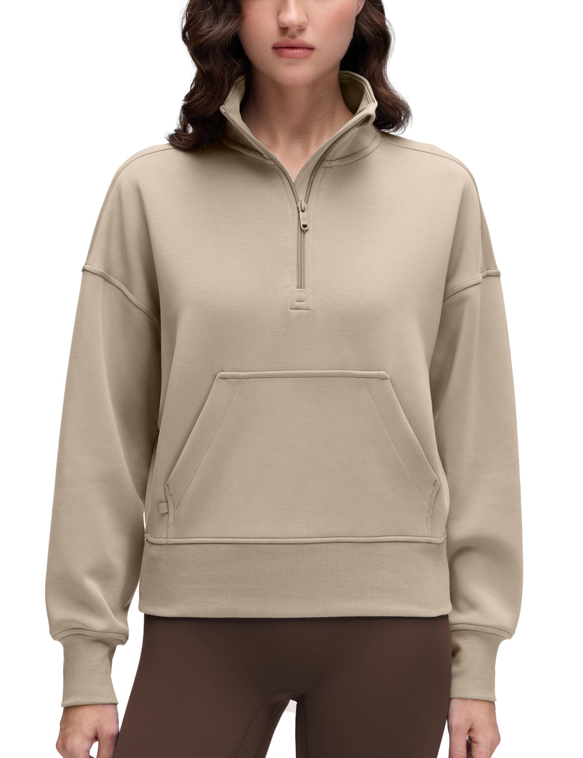 CRZ YOGA SoftAura half zip sweatshirt in oak with kangaroo pocket for storage