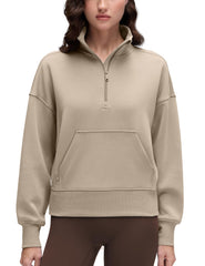 CRZ YOGA SoftAura half zip sweatshirt in oak with kangaroo pocket for storage