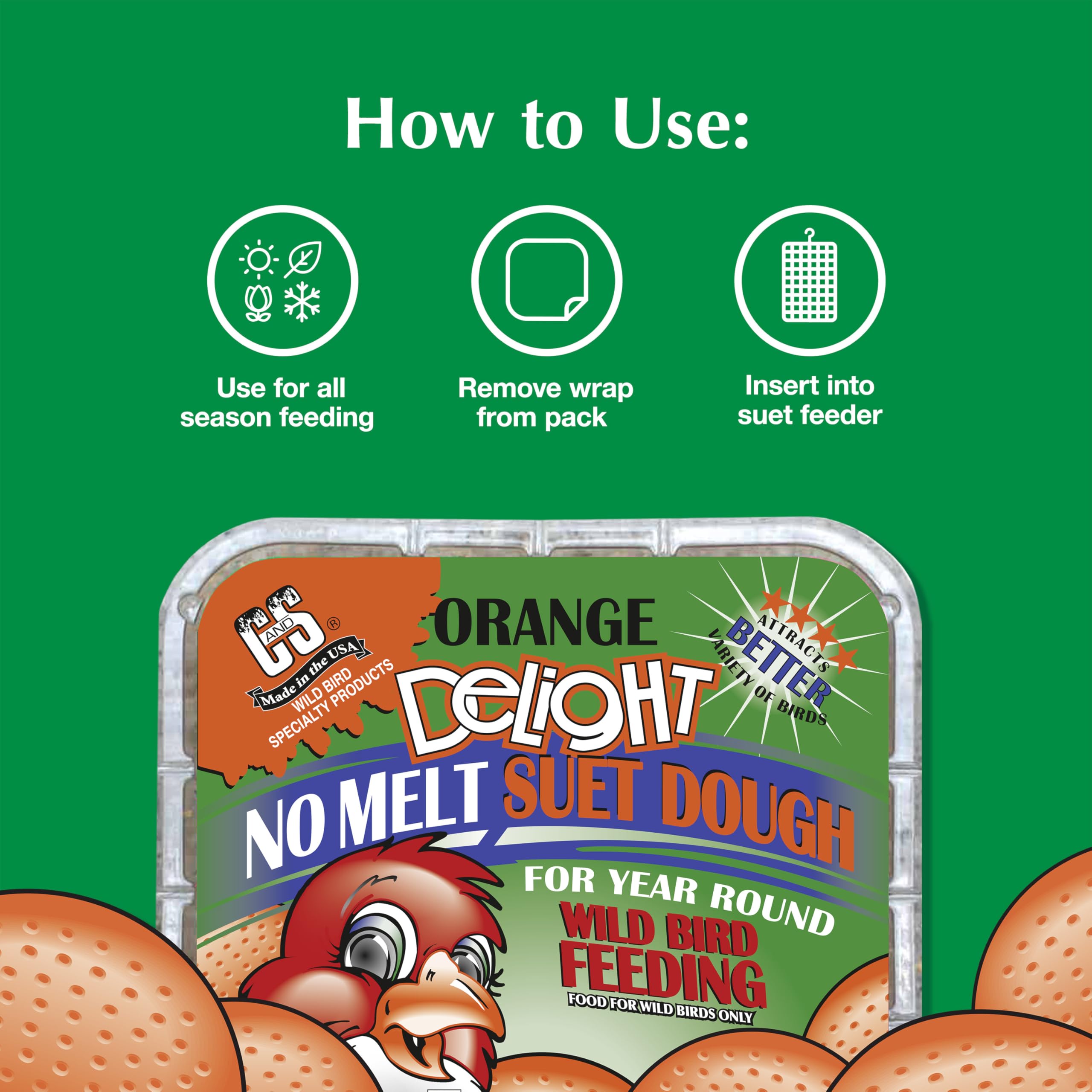 C&S Orange Delight No Melt Suet Dough label notes heat tolerance up to 100F.