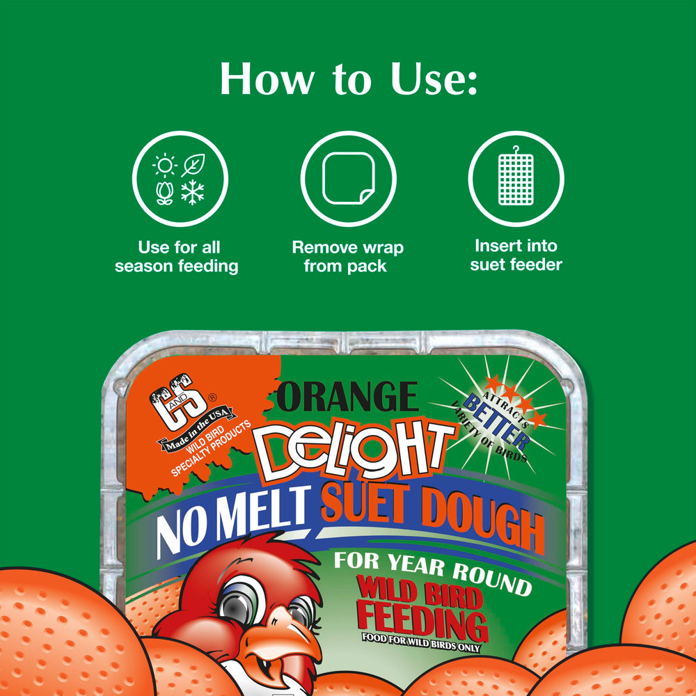 C&S Orange Delight No Melt Suet Dough label notes heat tolerance up to 100F.