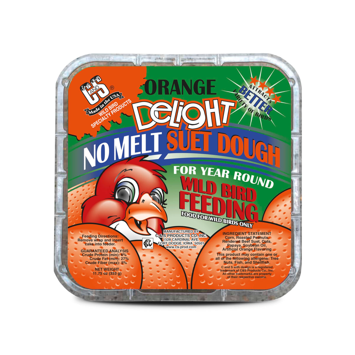 C&S Orange Delight No Melt Suet Dough packaging for year-round feeding convenience.
