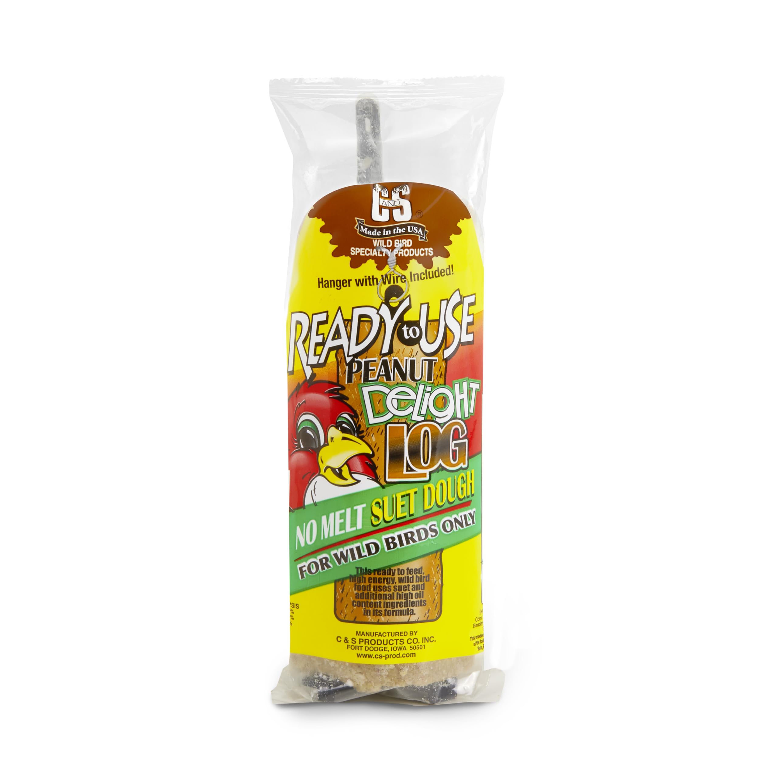 C&S Peanut Delight No Melt Suet Log hanging setup attracts woodpeckers and chickadees.