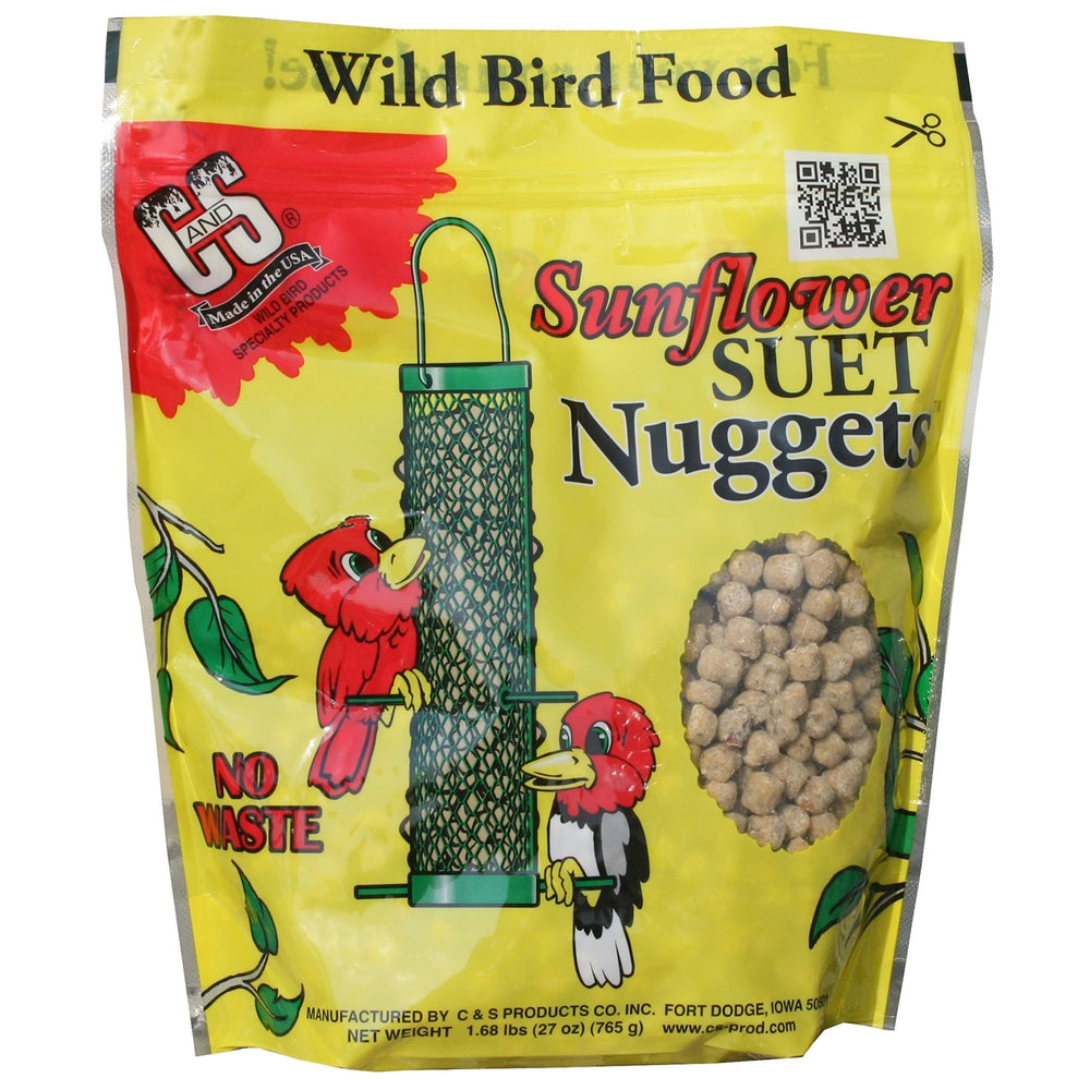 C&S Sunflower Suet Nuggets bag closeup highlighting resealable packaging for freshness and easy storage.