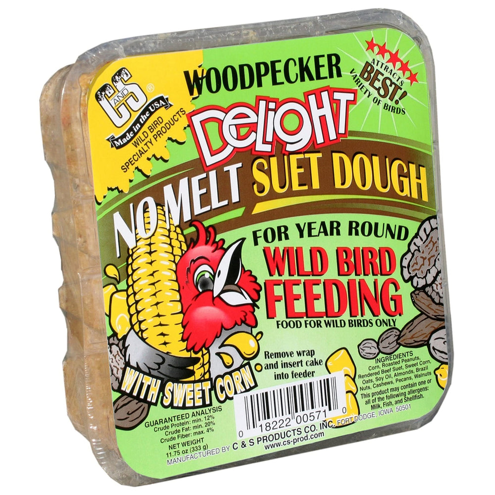 C&S Woodpecker Delight suet dough close-up highlights peanut base attractants for birds.