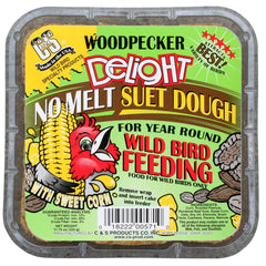 C&S Woodpecker Delight packaging shows 12-pack convenience for year-round feeding.