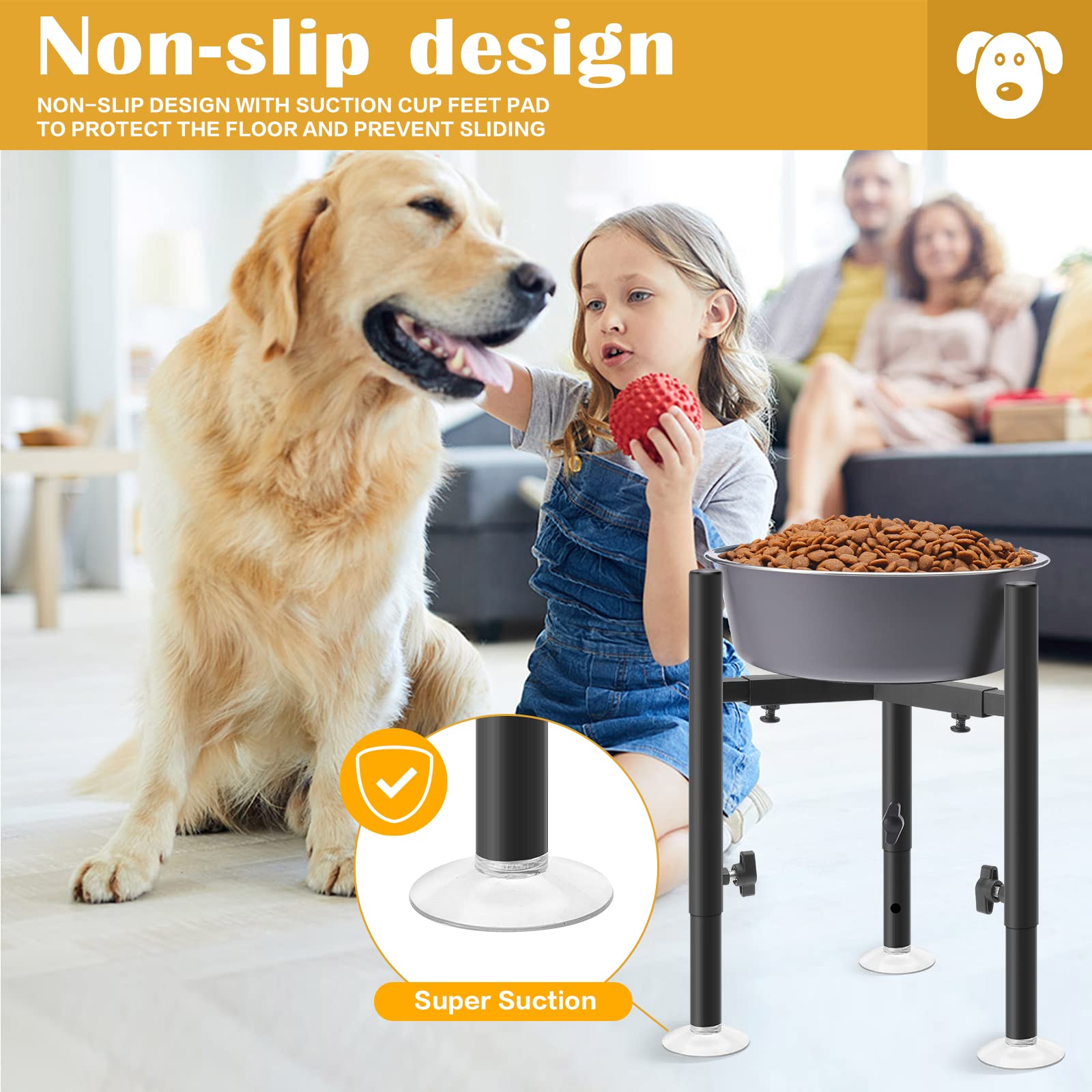 CSD elevated dog bowl stand shows adjustable heights for growing pets and comfortable feeding