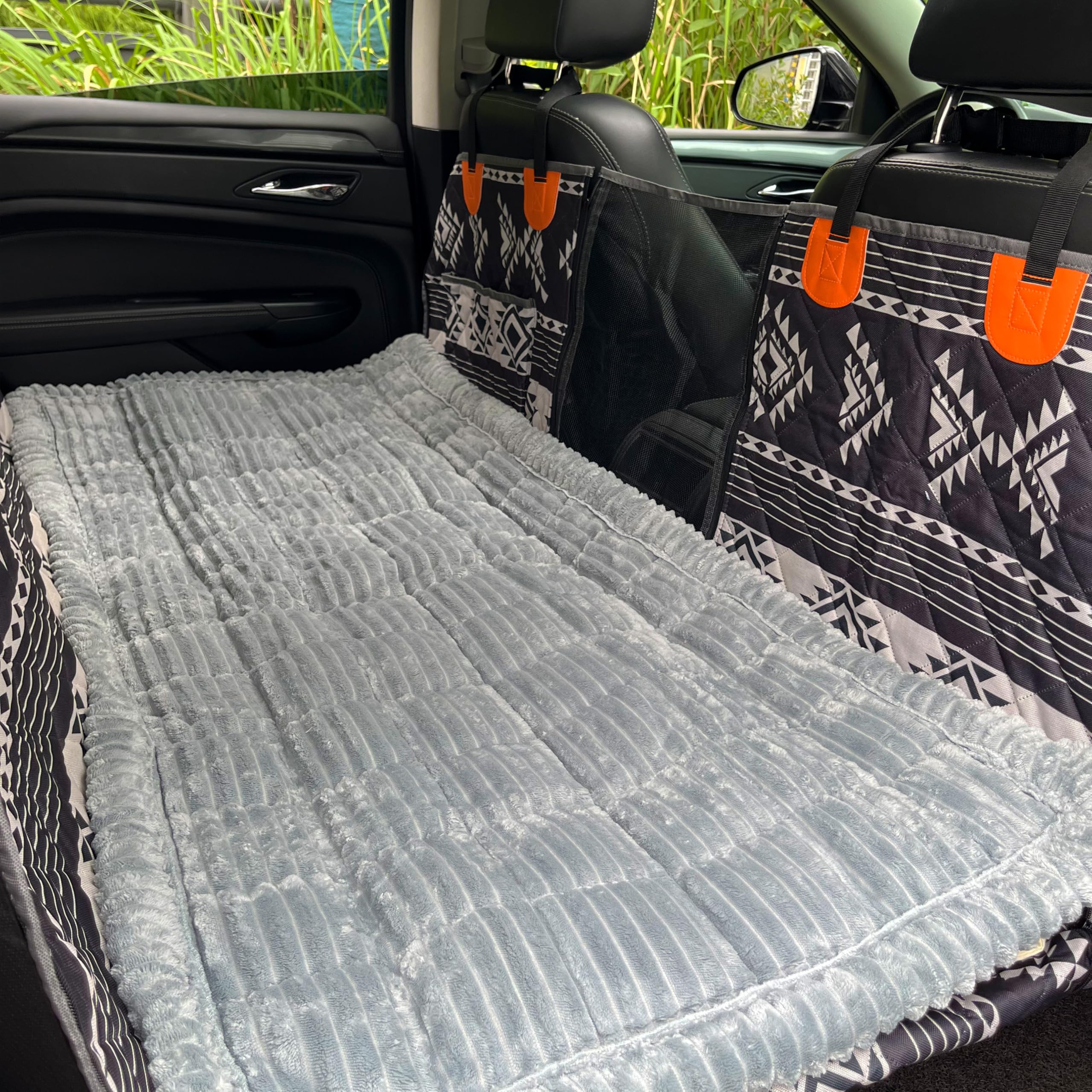 Cshionary dog car seat cover shows back-seat extender compatibility and seat protection.
