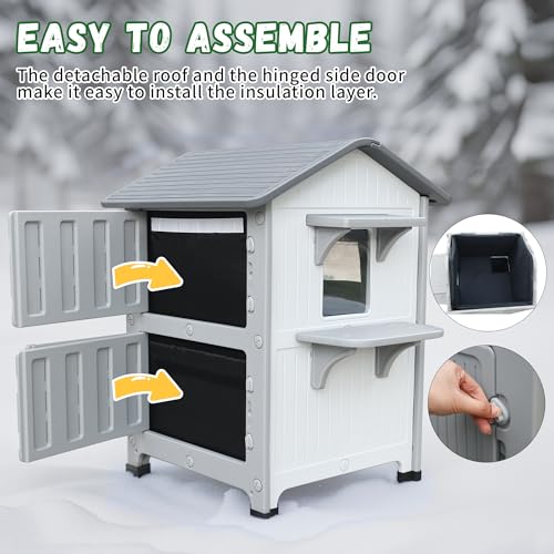 CSQOO insulated outdoor cat house winter escape door in action.
