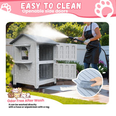 CSQOO outdoor cat house all-season roof provides weather protection.