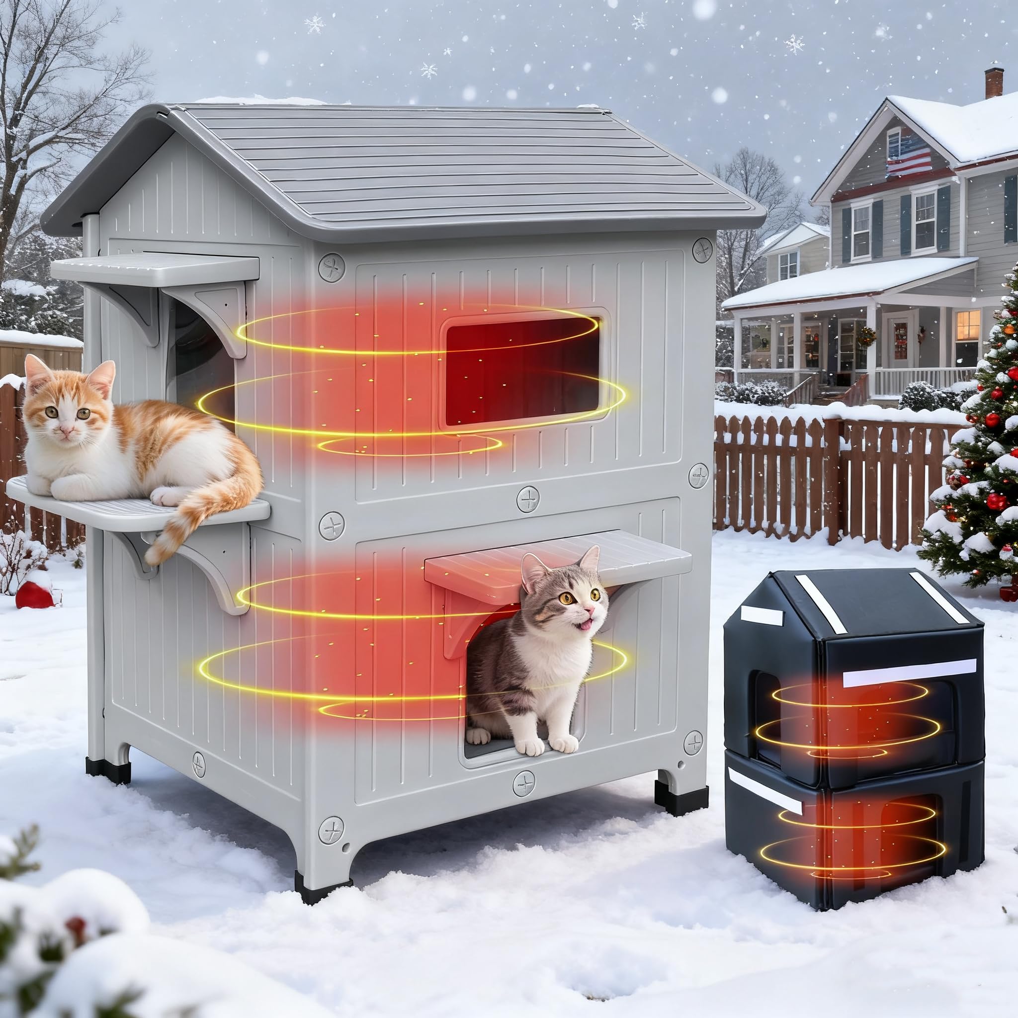 CSQOO outdoor cat house with insulated lining for cozy winter warmth.