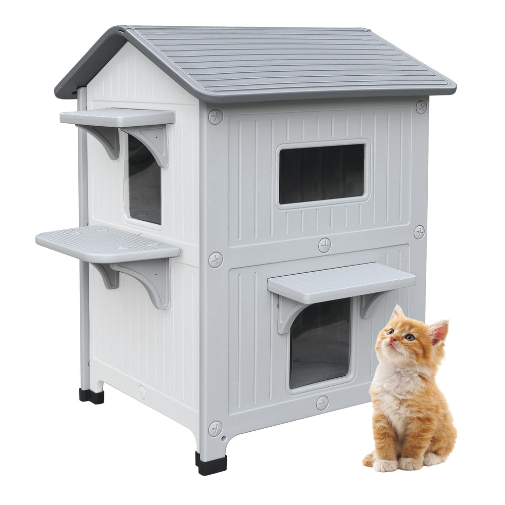 CSQOO plastic outdoor cat house exterior with escape door for safe quick exits.