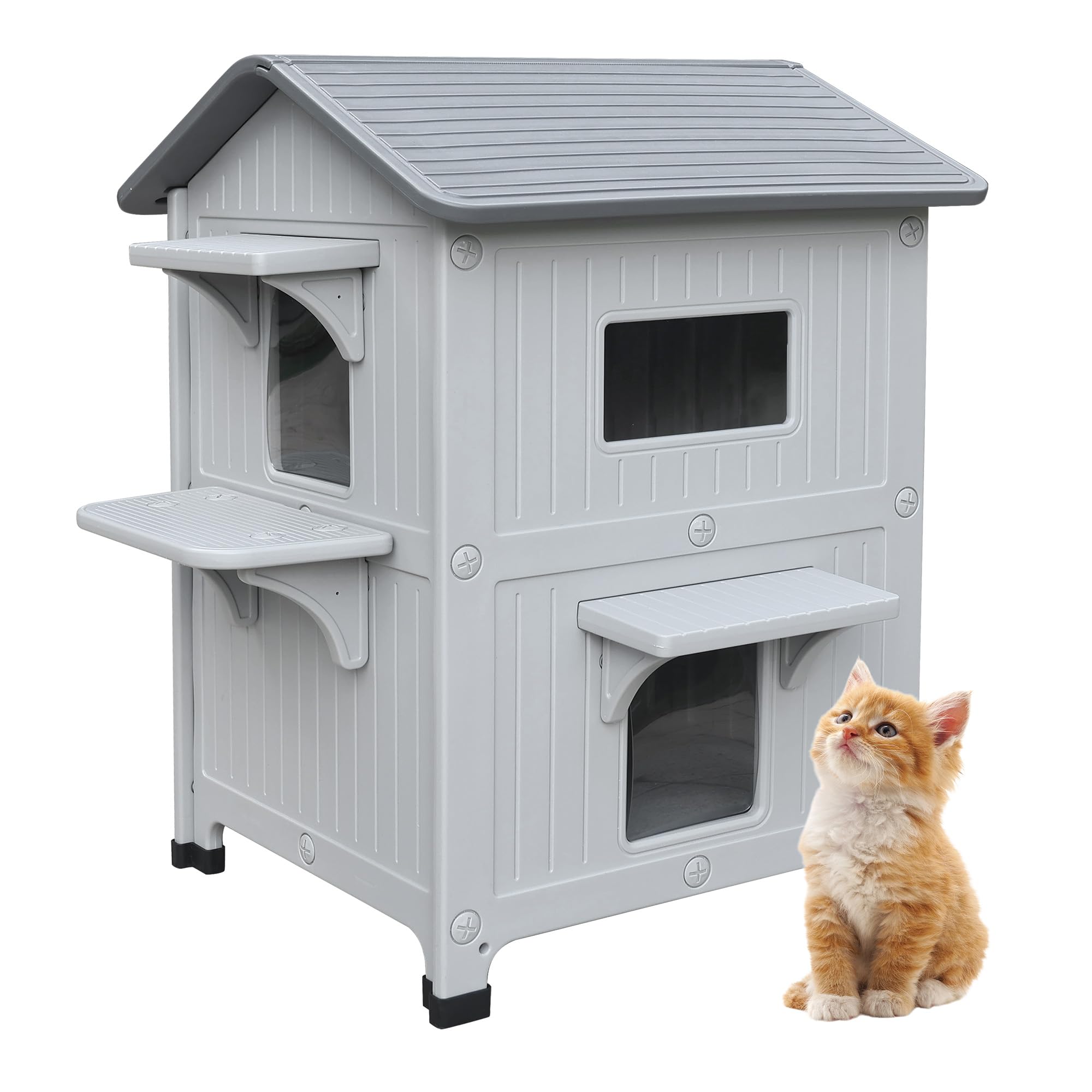 CSQOO plastic outdoor cat house escape-door view demonstrates safe, quick exits for outdoor cats.