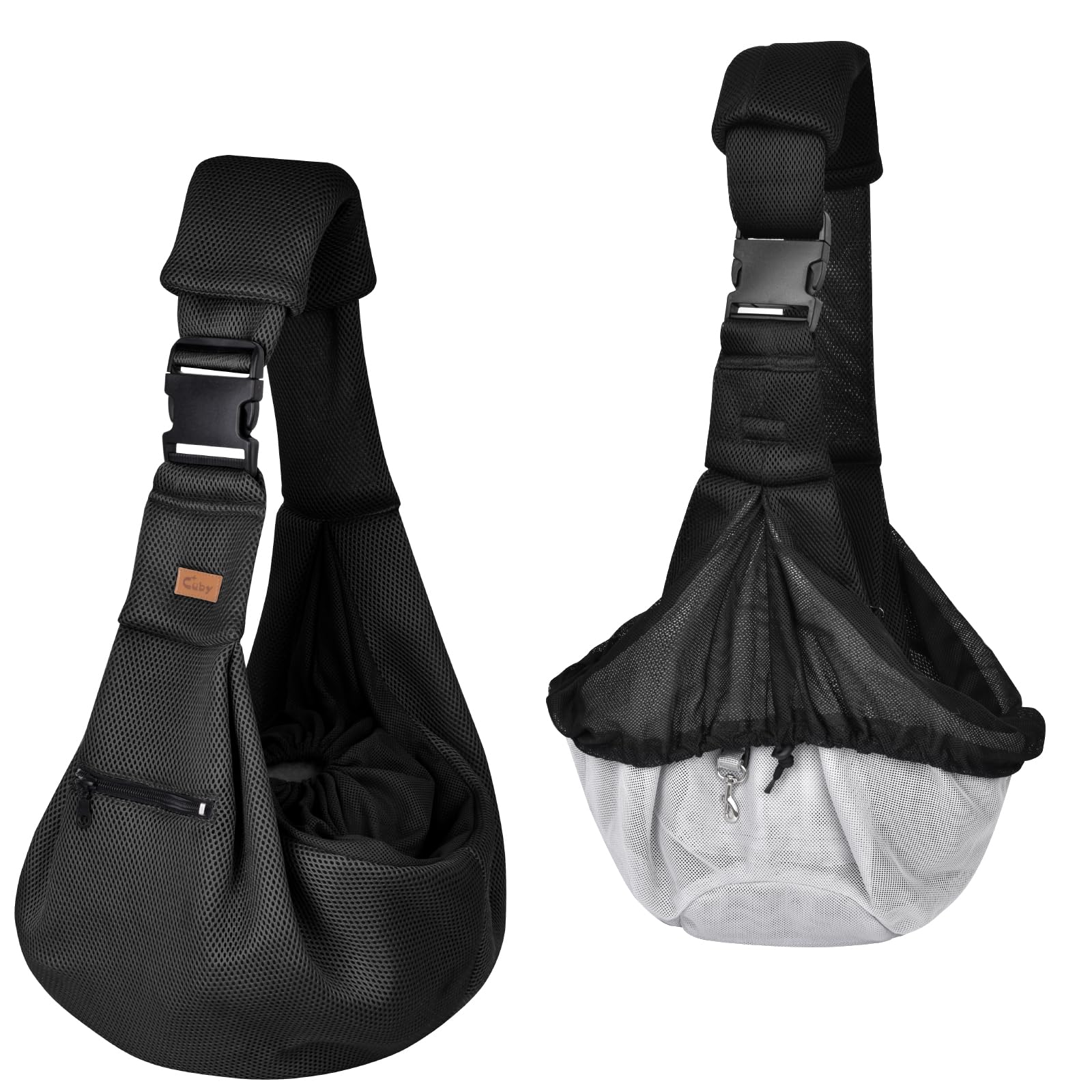 CUBY-black-mesh-sling closeup highlights breathable fabric and safety.