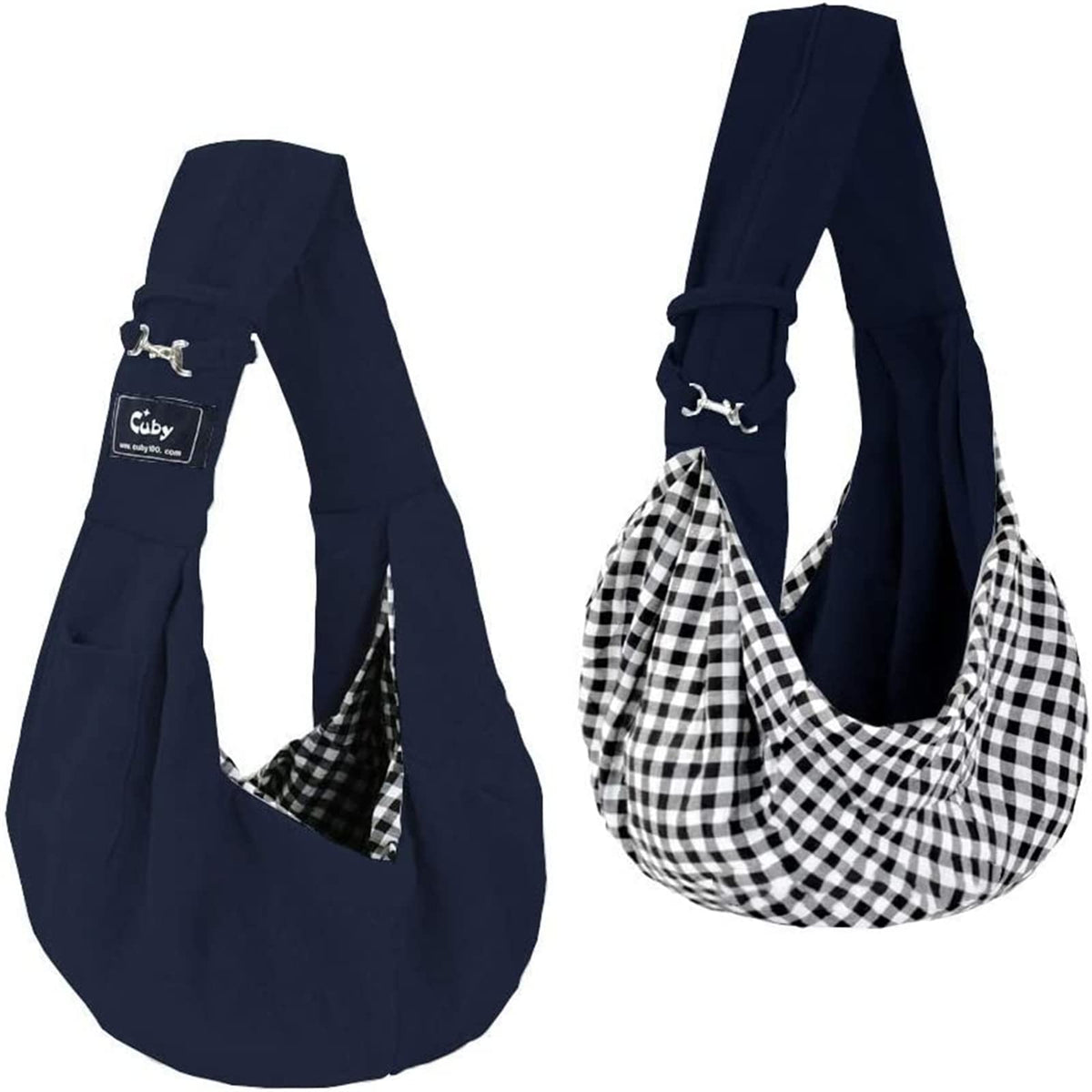 CUBY classic blue sling carrier front view demonstrates hands-free pet outings.
