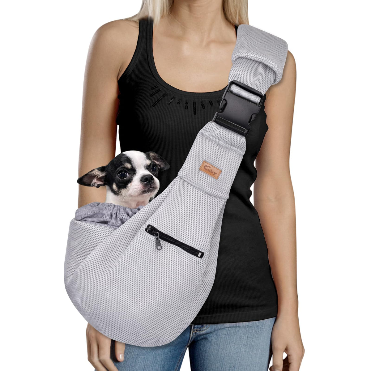 CUBY dog-cat sling carrier front view shows hands-free comfort for daily walks