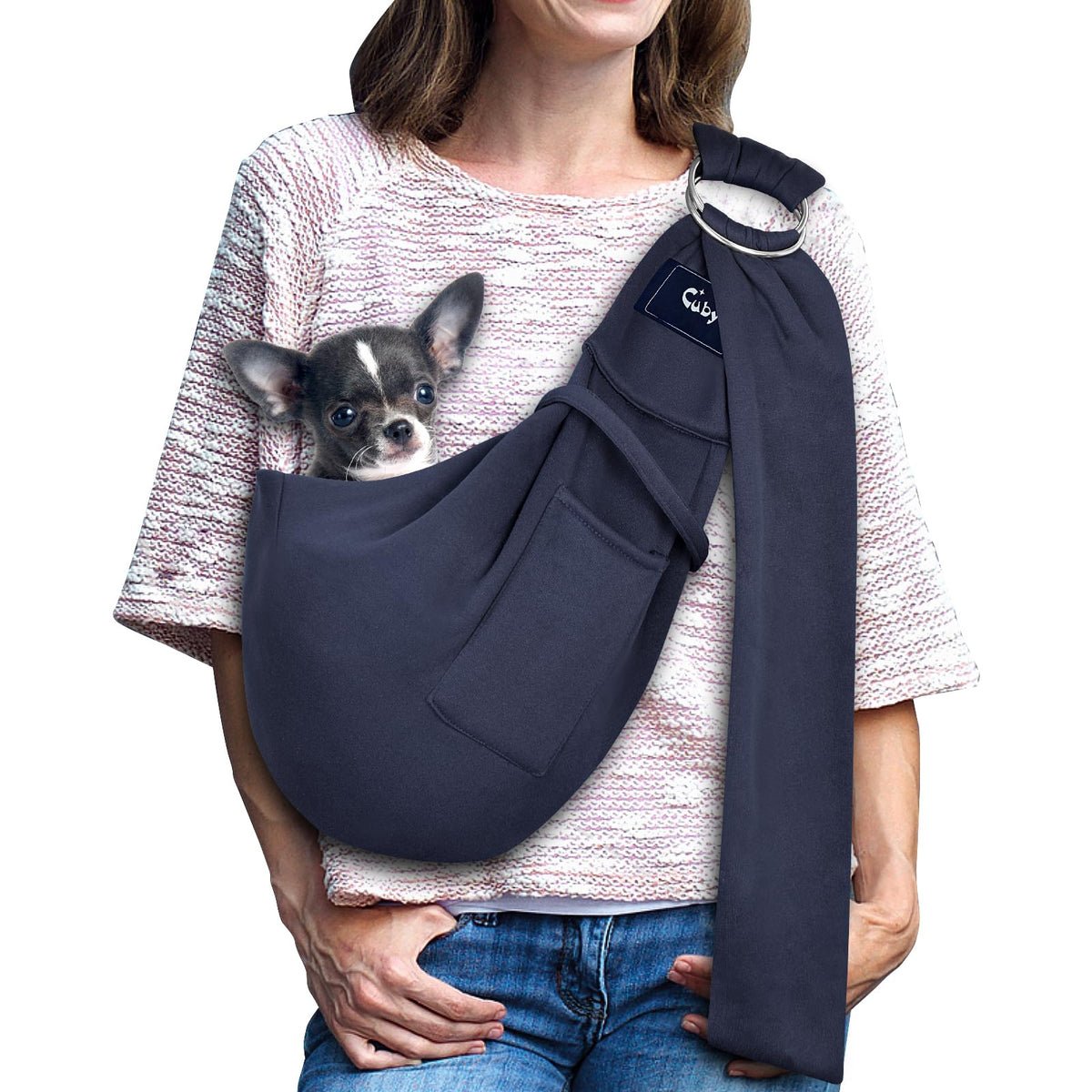 Cuby sling carrier front view shows hands-free comfort for daily walks