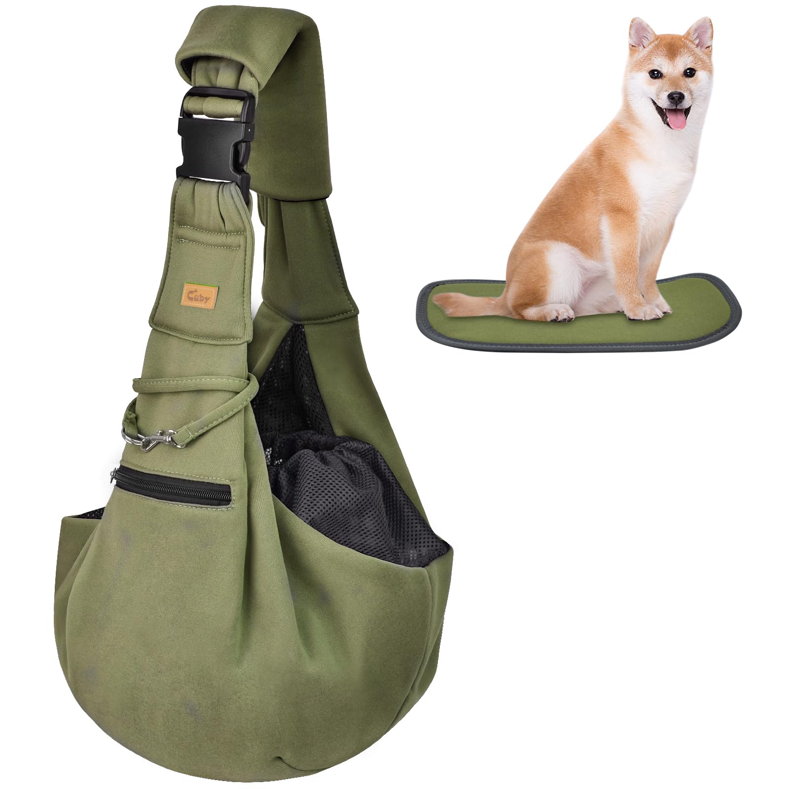 CUBY sling carrier green front view for hands-free city strolls with a small pet