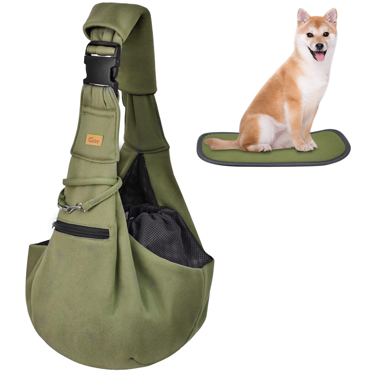 CUBY sling carrier green front view for hands-free city strolls with a small pet
