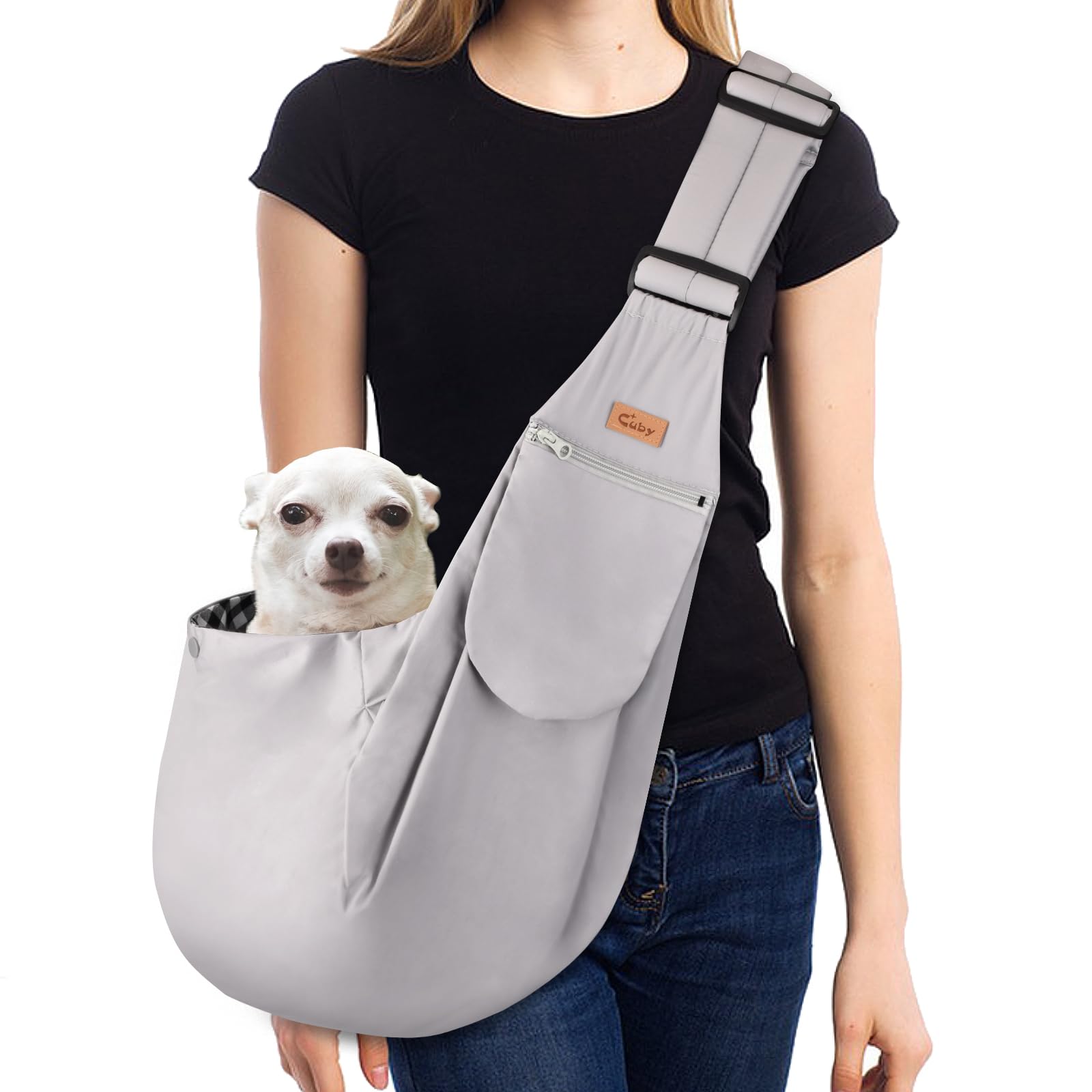 CUBY dog sling carrier in grey classic worn during a casual walk for easy pet transport