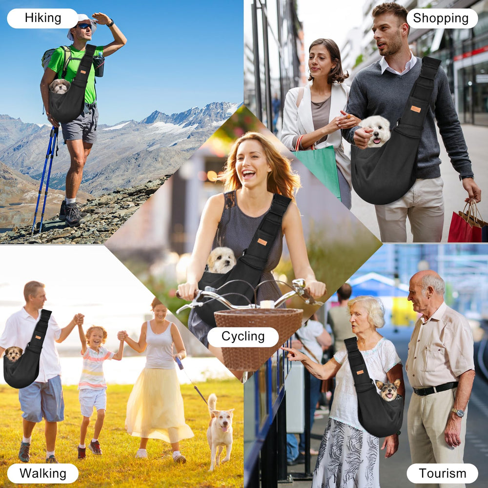 Cuby dog sling carrier worn on the side illustrates hands-free design for activities.