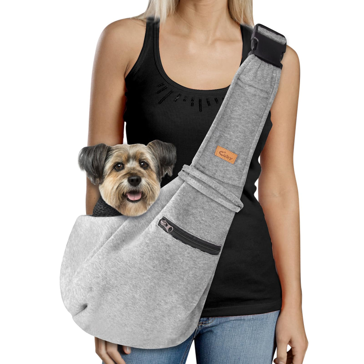 Cuby sling front view in silver grey for hands-free outdoor walks.
