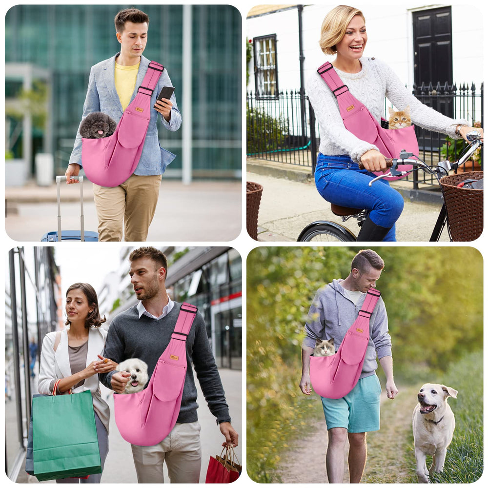 CUBY pink Classic sling adjustable range demonstrates fit for different heights and pets