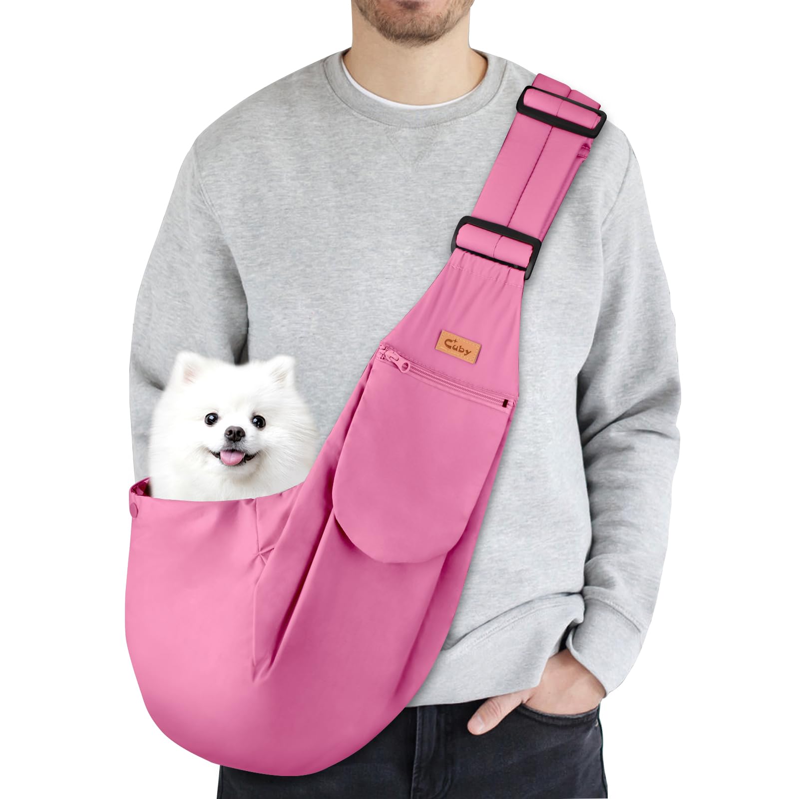 CUBY pink Classic sling side view enabling hands-free pet outings